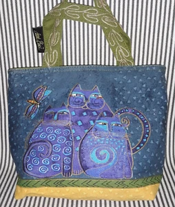 NWOT UNUSED LAUREL BURCH INDIGO BLUE 3 CATS 11" ZIP HANDBAG PURSE TOTE JUTE TRIM - Picture 1 of 11