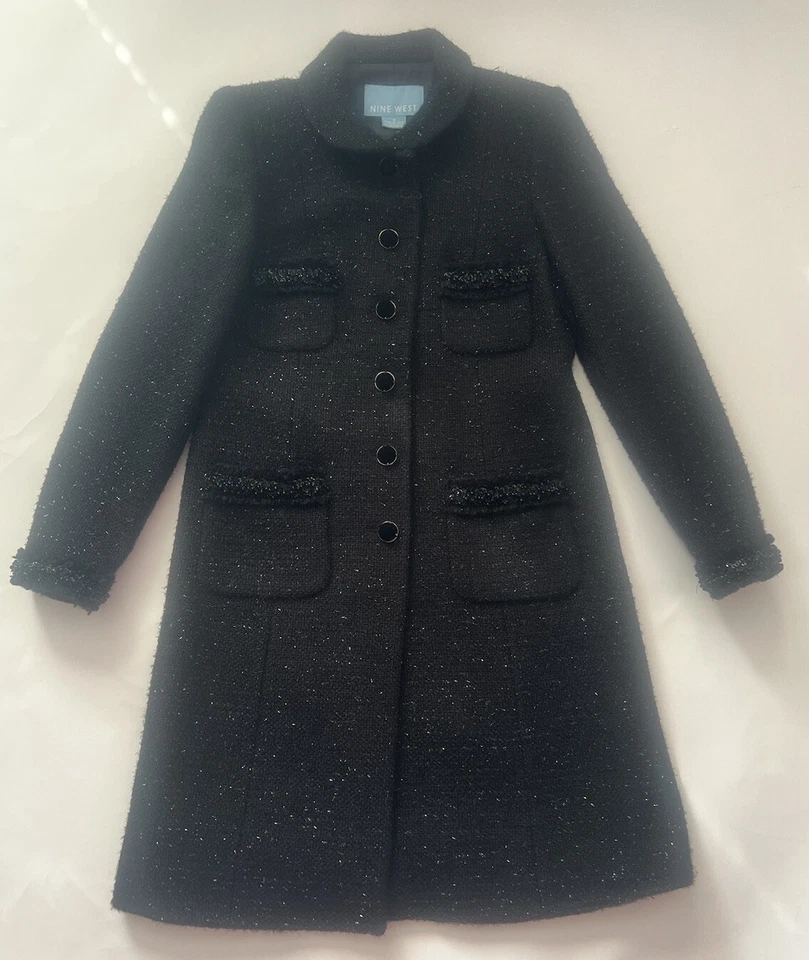 Vestido Abrigo Mujer Nine West Negro Lentejuelas Tweed Botón Frontal Semi Ajustado Talla 8 Foto 1 de 4
