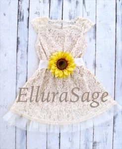 Sunflower Ivory Rustic Lace Flower Girl Dress, Lace Baby Dress by Ellura Sage - Picture 1 of 2