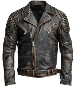 Mens Motorcycle Biker Vintage Distressed Brown Cafe Racer Real Leather Jacket - Picture 1 of 6