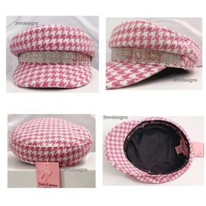 Neu mit Etikett Juicy Couture Baskenmütze Hahnentritt rosa & weiß Tweed verzierte Steine - Bild 1 von 11