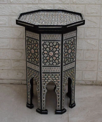 Handmade Wood Side Table, Moroccan 21" Height Mother of Pearl Coffee End Table - Image 1 of 4