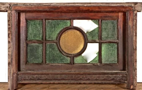 ANTIQUE Huge Hardwood Green Glass Window w Carved Sash ca1900 salvage 57x35x4.5" Cover