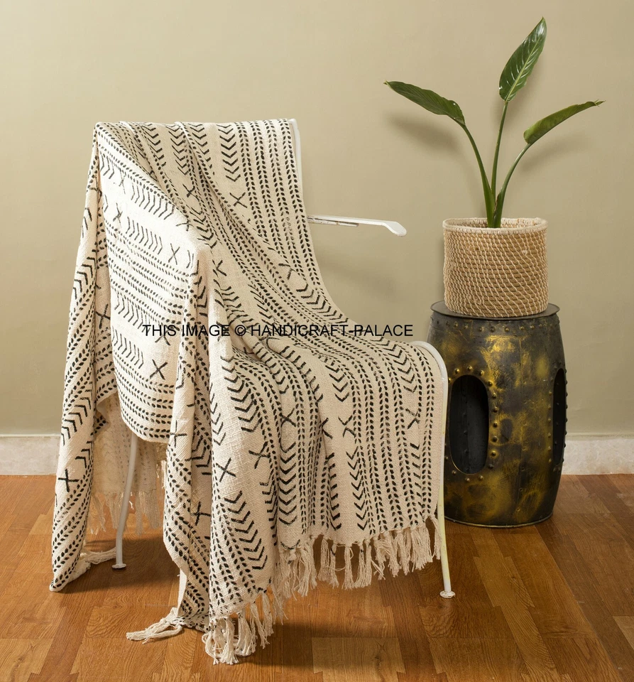 100% Cotton Hand Block Ikat Print Lounge Sofa LARGE Throw Rug Blanket 130x180 cm - Image 1 of 3