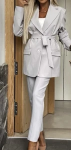 Women Suit Light Gray Size Uk 10/Euro 38 Blazer Jacket, Trousers High Waist 2pc - Picture 1 of 8