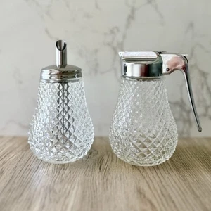 Vintage Diamond Point Cream Syrup Dispensers Clear Glass Sugar Diner Set - Picture 1 of 5