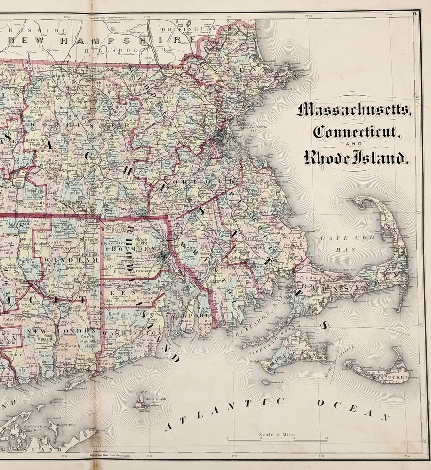 1875 Massachusetts - Rhode Island - Mapa Connecticut ORIGINAL (25X17) - Imagem 1 de 3
