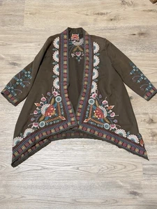 Johnny Was Kimono Green with Floral Embroidery Boho Size S Asymmetrical EUC - Picture 1 of 10