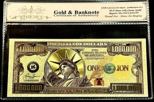 NUEVO ESTILO BILLETE DE ORO 24K ESTATUA DE LA LIBERTAD DE 1 MILLÓN DE DÓLARES CON CERTIFICADO DE AUTENTICIDAD - Imagen 1 de 4