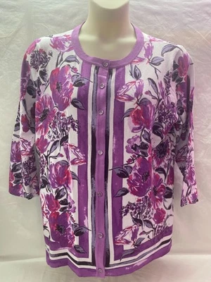 Isaac Mizrahi Live! Cárdigan XL púrpura y blanco floral manga 3/4 abotonada Foto 1 de 4