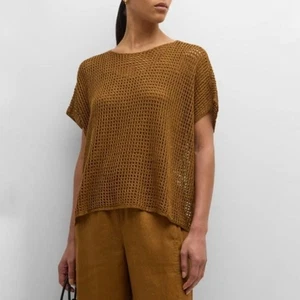Eileen Fisher bateau neck cap sleeve linen sweater bronze brown medium New NWT - Picture 1 of 6