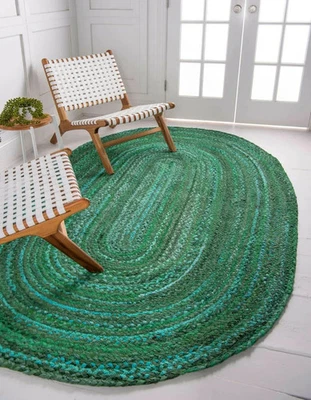 Braided Cotton Chindi Rug Oval Handmade Recycled Carpet Eco-Friendly Floor Mat - Image 1 of 4