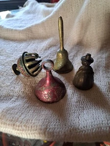 Antique (4) Brass Mini Bells: Celtics Lady, Elephant Claw, Tall Etched, Painted - Picture 1 of 5