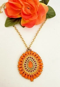 Vintage Faux Corals & Rhinestons Pendant with Gold Tone Chain 22" Southwest Boho - Picture 1 of 4