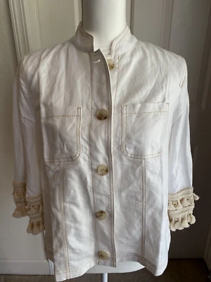 NWT Chicos Utility Jacket 1P Petite Ivory Linen Blend Tassel Bell Sleeve Boho - Image 1 of 4