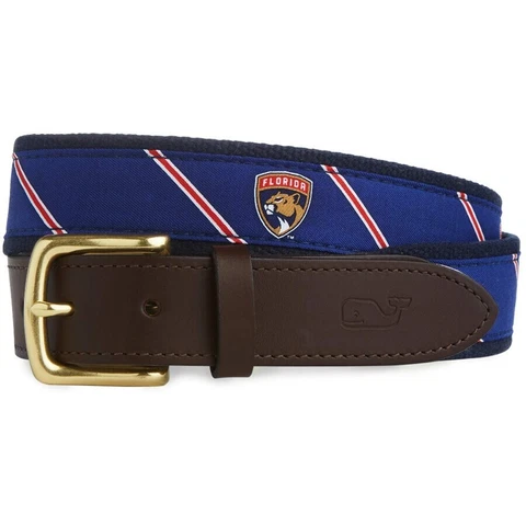 NWT~NHL~FLORIDA PANTHERS logo stripe CANVAS /  LEATHER BELT by VINEYARD VINES~38 Cover