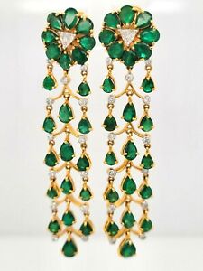 14K Yellow Gold Diamond Earrings Drop Natural Green Emerald Chandelier Certified