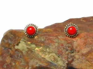 Round Red  CORAL  Sterling  Silver  925 Gemstone  Stud Earrings - Picture 1 of 4