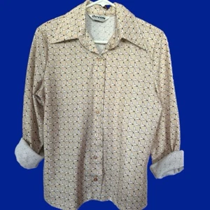 Blusa Camisa De Colección Años 70 Dama Devon Crema Geométrica Poliéster Botón Delantero Talla 44 - Imagen 1 de 9