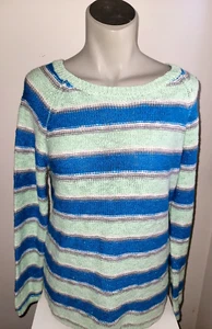 Justice Green Blue Stripe Knit Cotton Acrylic Girls Sweater Size 20 - Picture 1 of 8