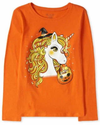 NWT The Childrens Place Unicorn Girls Long Sleeve Orange Halloween Shirt  - Image 1 of 2