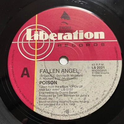 Poison Fallen Angel Vinyl Record 7” 45 RPM Records LS 2021 Liberation 1988 OG - Image 1 of 4
