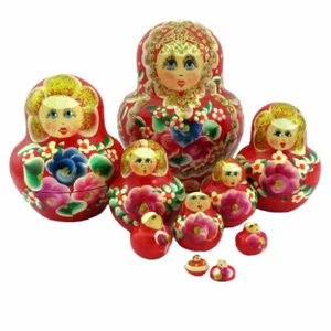 POUPÉES RUSSES ROUGE DORE 10 PIÈCES MATRIOCHKA PEINTE PAR SMAKOVA - Imagen 1 de 2