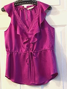 Rebecca Taylor Sz 8 (M) 100% Silk Ruffle Blouse Sleeveless Tie Waist Magenta - Picture 1 of 11