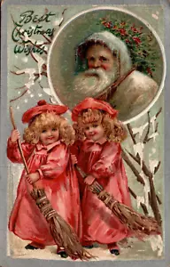 POSTCARD SANTA CLAUS WATCHING OVER TWO LITTLE GIRLS WITH BROOMS - Imagen 1 de 2