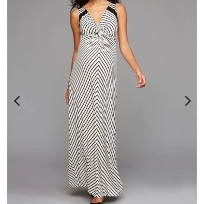 A Pea in the Pod Twist Front Black White Striped Maxi Maternity Dress SMALL - Image 1 of 4