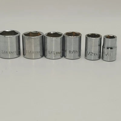 6 pc sockets - 3/8 in drive - 6 point - Taiwan 3/4 11/16 5/8 9/16 1/2 3/8 SAE - Image 1 of 4