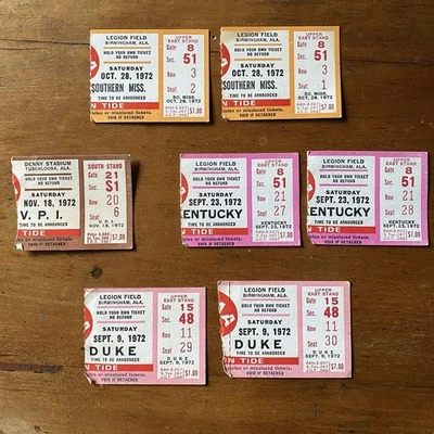 Lot of 7 1972 AL Crimson Tide vs So Miss, KY, Duke, VPI Football Ticket Stubs - Image 1 of 4