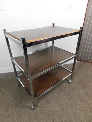 35T LRG MCM Burl Walnut Chrome Heavy Duty Rolling Serving Bar Cart 3 Tier HOT! - Image 1 of 4