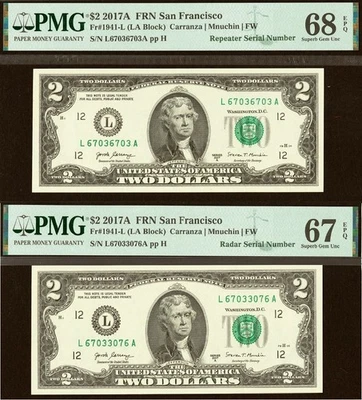 Matching Serial Numbers Radar Repeater 2017A $1 FRN PMG 68EPQ PMG 67EPQ 67036703 - Image 1 of 4