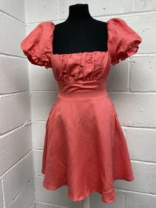 Jack Wills Coral Linen Tie Back Puff Sleeve Mini Dress Size 8 RRP £49.99 PT - Picture 1 of 9