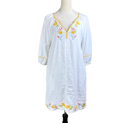 Calypso St. Barth XS White Linen Blend Flower Embroidery Mini Shift Dress - Image 1 of 4