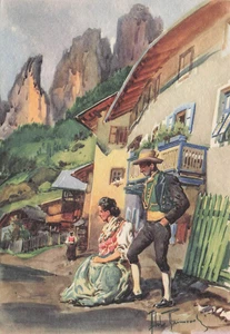 03991) CARTOLINA ILLUSTRATA DOLOMITI CAMPITELLO VAL DI FASSA COSTUMI TRACHTEN - Picture 1 of 2