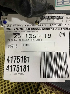 Used Left Tail Light Assembly fits: 2018 Toyota Corolla im quarter panel mounted - Image 1 of 4