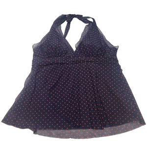 Mazu Swim Women's Navy Red Polka Dot Tankini Halter Top Lined Built In Bra Sz 16 - Picture 1 of 10