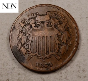 1864 Two Cent Coin (2 Cent) - Very Fine (VF) - Early Type Coin #T413 - Picture 1 of 3