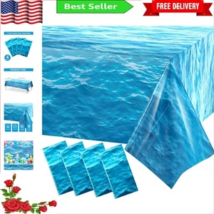Ocean Waves Table Cover Set - Waterproof PE Plastic - Party Decor 54x108 Inch - Picture 1 of 8