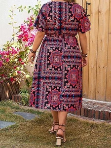 Women s Floral Print V Neck Short Sleeve Midi Dress with Slit Elegant Summer Sw - Picture 1 of 7