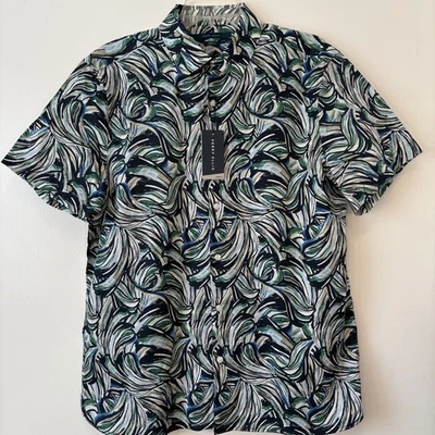 NWT Perry Ellis Shirt Men’s L Green Navy Short Sleeve Stretch Button Down  - Image 1 of 4