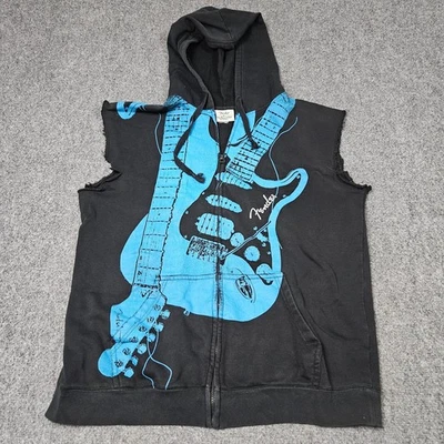 Y2K Fender Hoodie Large Black Blue Graphic Sleeveless Zip Up Rock Vest - Image 1 of 4