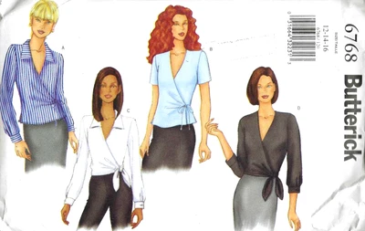 Women's Wrap Front Side Tie Blouse V Neck & Collar Sewing Pattern UNCUT 12-16 - Image 1 of 2