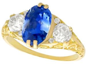 Antique Victorian 3.11ct Sapphire and Diamond 18ct Yellow Gold Trilogy Ring