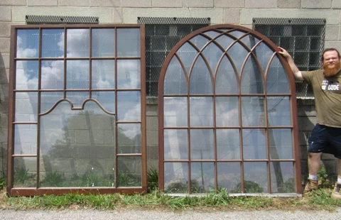 ~ HUGE ANTIQUE WALNUT WINDOWS GOTHIC ARCHES 14+ FEET TALL ARCHITECTURAL SALVAGE Cover