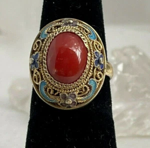  RARE RED Mediterranean Oval Coral & Figural enamel Filigree Ring. Size 5-1/2 - Picture 1 of 5