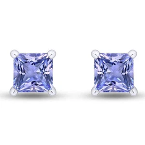 Solitaire Stud Earrings in Sterling Silver 5mm Princess Cut Simulated Tanzanite - Picture 1 of 8