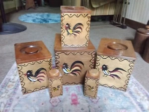 Rare Rooster Woodwear Japan Canister Set With Salt/Pepper Shaker - Picture 1 of 12
